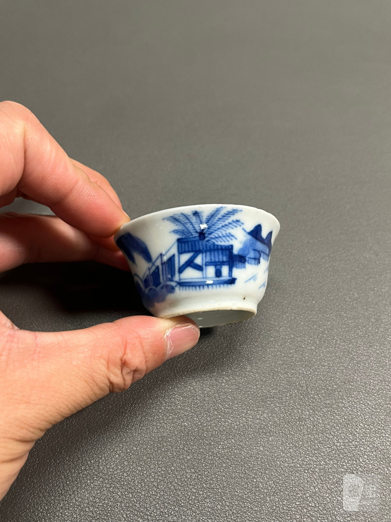 清中期  青花渔家乐图若深杯（一组 5 只） - 图3